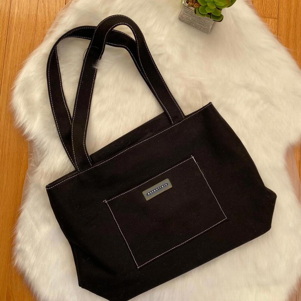 Black Saude Canvas Tote Bag with Front Pocket